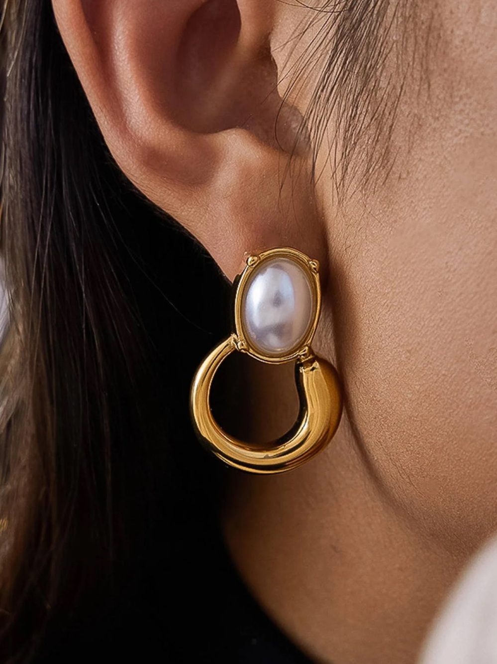 Gold Hoop Earrings with White Pearl Accent